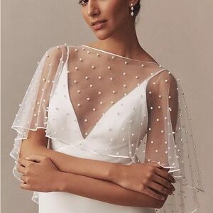 Jenny Yoo White Pearl-Embellished Bridal Capelet